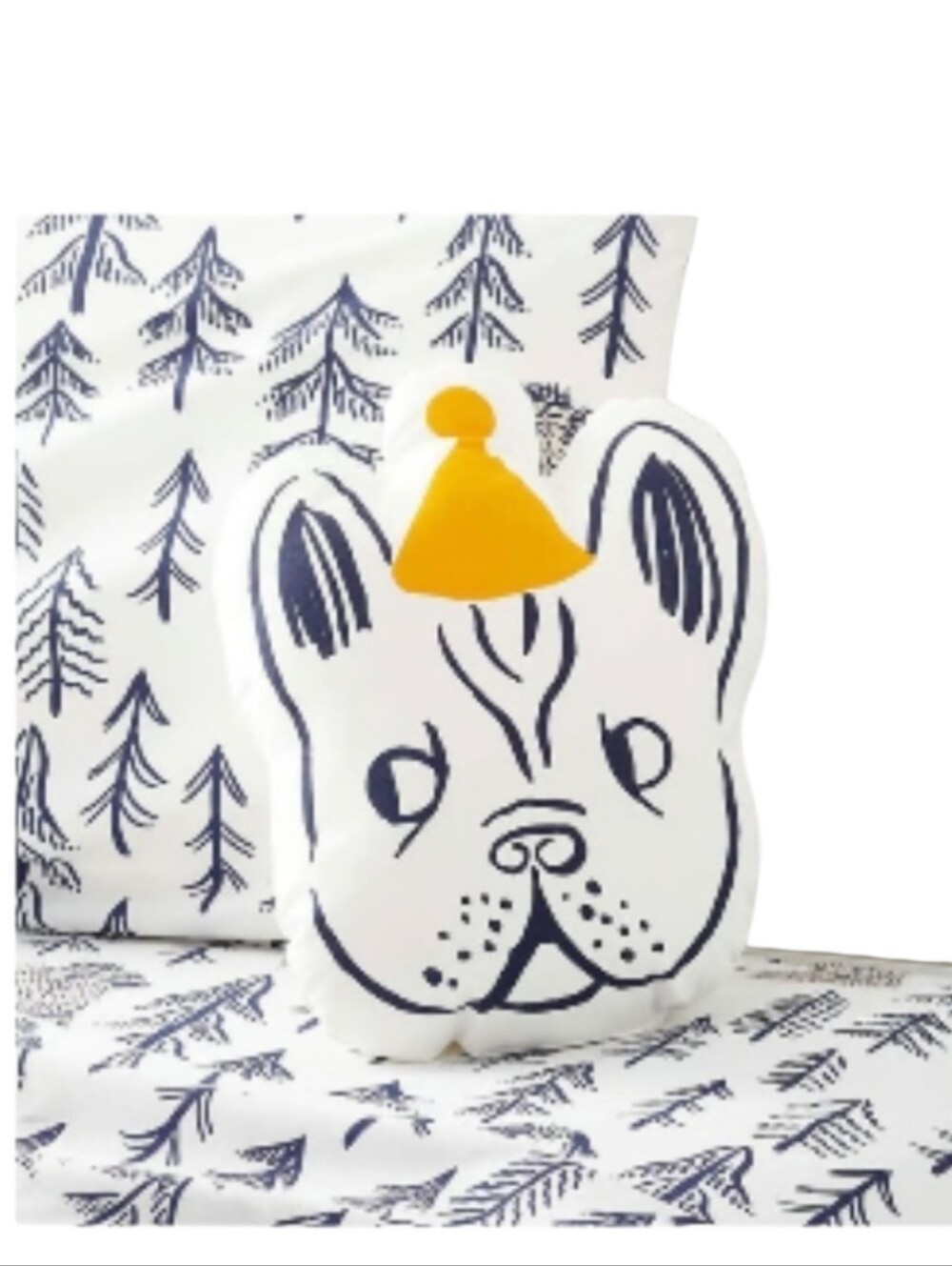 Crate and Barrel Frenchie Bull Dog Decorative Throw Pillow Blue White Yellow New